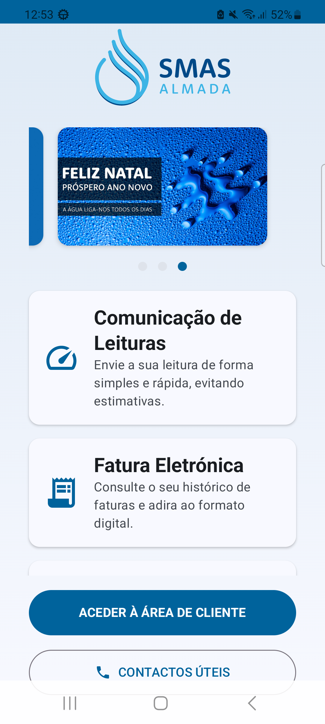 Ecrã de splash com carrossel e funcionalidades