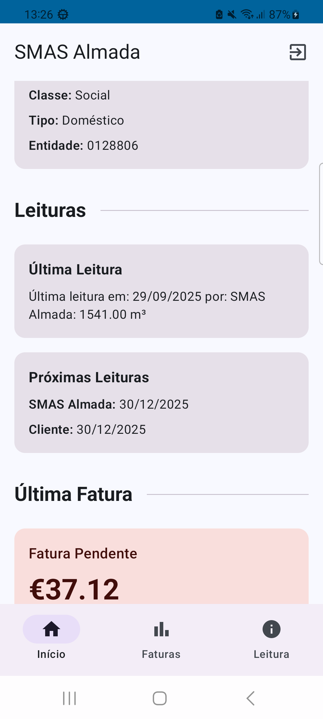 Ecrã inicial com dados do contrato