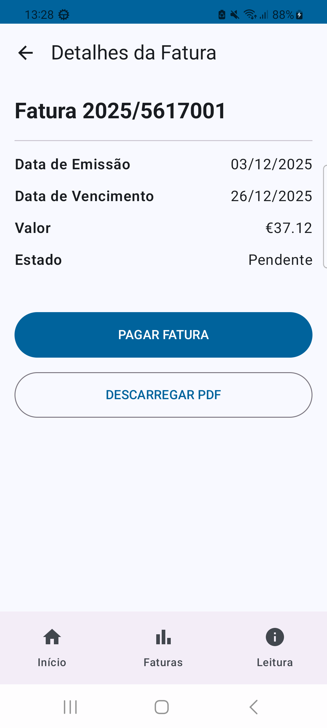 Detalhe da fatura com pagamento e download