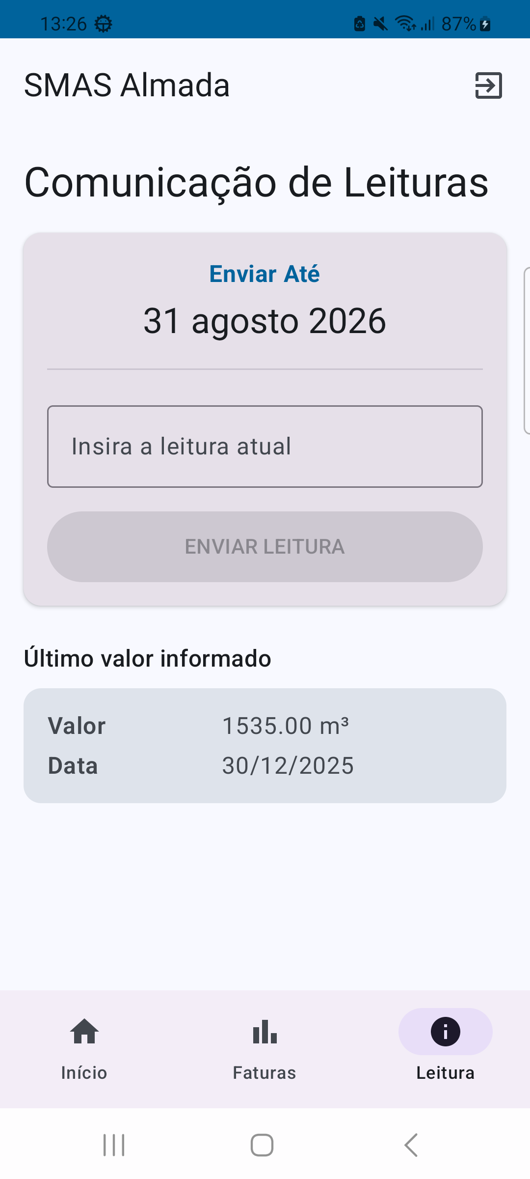 Ecrã de comunicação de leituras com prazo ativo