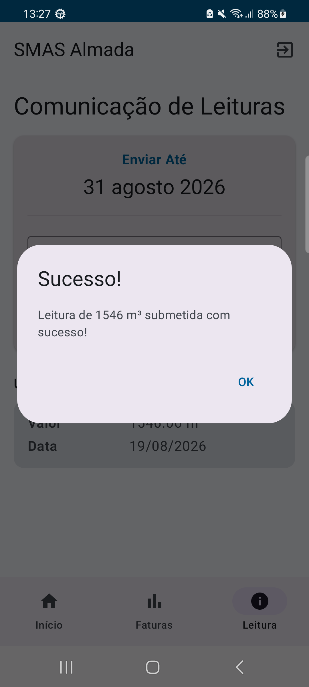 Confirmação de leitura submetida com sucesso